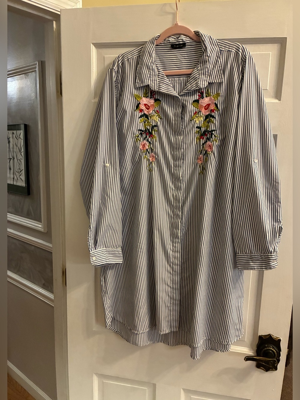 Women’s StyleHouse Brand Striped Button-Up Tunic Dress Floral Embroidery Size 3X